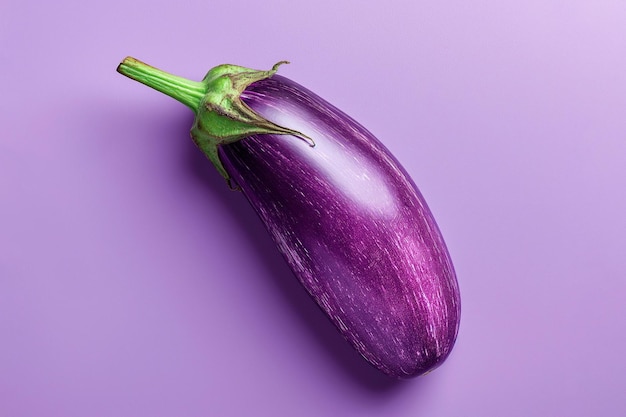 Verse aubergine met groene dop op een paarse achtergrond Veganistisch dieet gezond biologisch voedsel groenten koken en voedsel bereiden ingrediënten vitamines oogstconcept