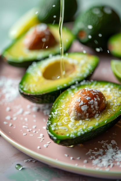 Foto verse avocado-helften met olijfolie en zout op een keramische plaat