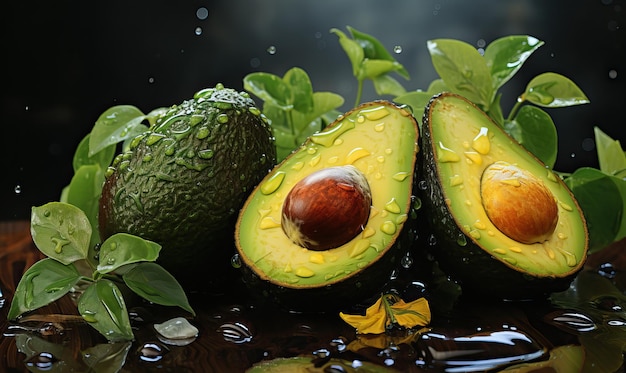 Verse avocado met bladeren op tafel close-up Selectieve soft focus