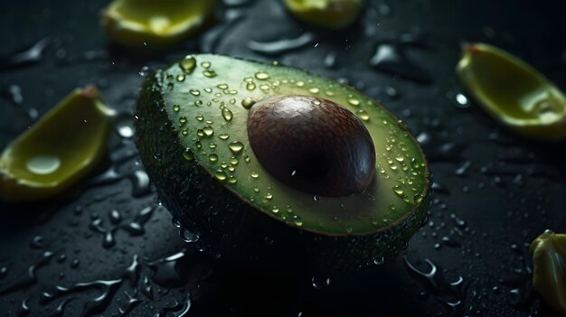 Foto verse avocado met waterspruitjes en druppels op zwarte achtergrond