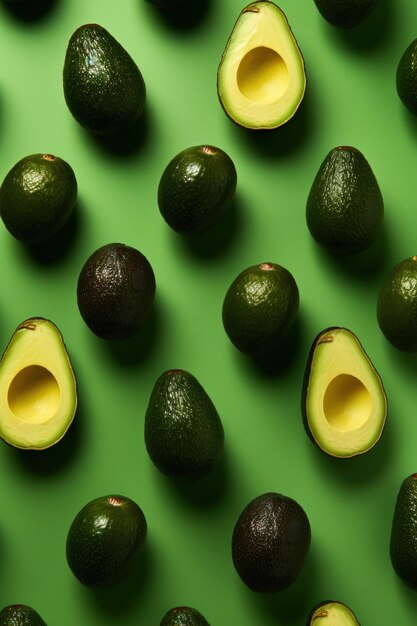 Foto verse avocado's op een groene achtergrond gegenereerd door ai