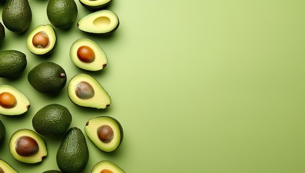 Verse avocado's op groene achtergrond plat leggen ruimte voor tekst
