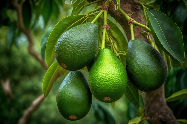 Verse avocado's rijpen in een groep op een tak van een avocadoboom in een tuin in Hawaï, VS