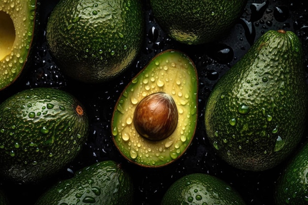 Verse Avocado versierd met glinsterende waterdruppels gemaakt met Generative AI-technologie