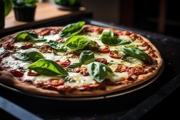 Verse basilicumblaadjes op een gekookte pizza rechtstreeks uit de oven