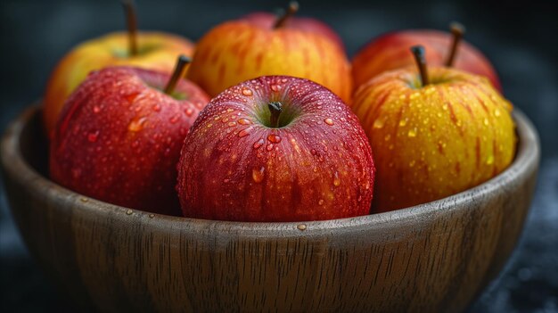 Verse bedauwde appels in houten kom op donkere achtergrond