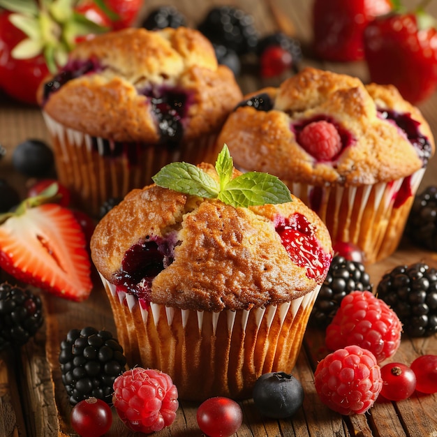 Verse bessen muffins op een houten tafel.