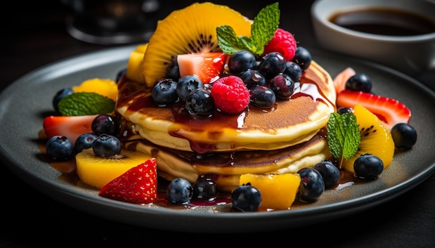 Verse bessenpannenkoekjes met frambozensaus en munt gegenereerd door AI