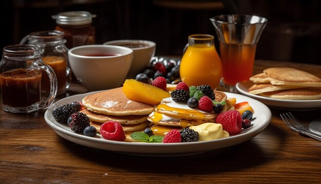 Verse bessenpannenkoekjes op een rustieke houten tafel met siroop gegenereerd door kunstmatige intelligentie