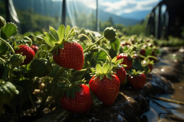 Verse biologische aardbeienrijken die in een broeikas worden geteeld