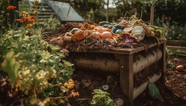 Verse biologische groenten en fruit in een rustiek boerderijmandje gegenereerd door AI