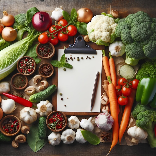 Verse biologische groenten en specerijen op een houten achtergrond en wit leeg papier voor aantekeningen