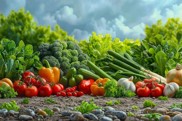 Verse biologische groenten in een rij op vruchtbare bodem met groene boerderijvelden en dramatische lucht in de