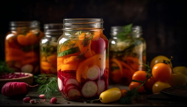 Foto verse biologische groentesalade met gemarineerde tomaat en knoflookkruid gegenereerd door ai