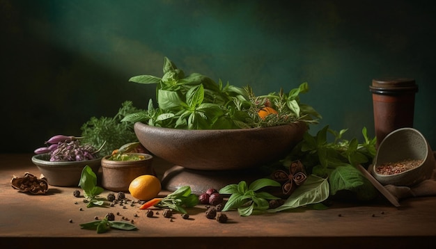 Verse biologische ingrediënten op rustieke houten tafel gegenereerd door AI