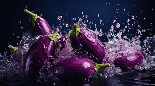 Verse biologische rauwe paarse aubergine Groenten die in water vallen en spetteren