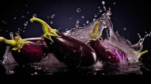 Foto verse biologische rauwe paarse aubergine groenten die in water vallen en spetteren