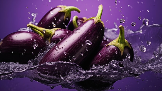 Verse biologische rauwe paarse aubergine Groenten die in water vallen en spetteren