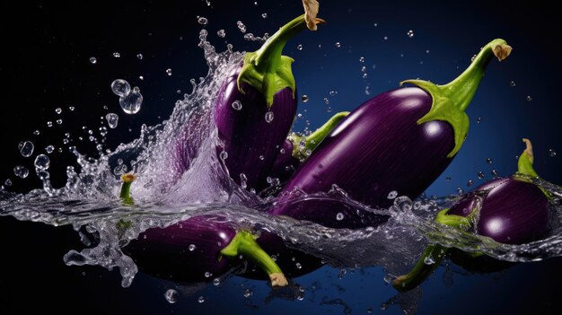 Verse biologische rauwe paarse aubergine Groenten die in water vallen en spetteren