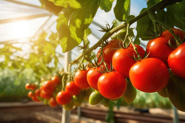 Verse biologische rijpe tomaten takken die in de kas groeien