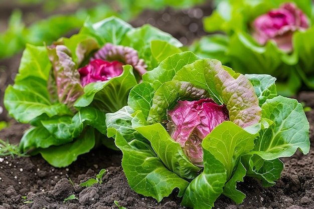 Verse biologische rode en groene sla's bloeien in vruchtbare tuingrond