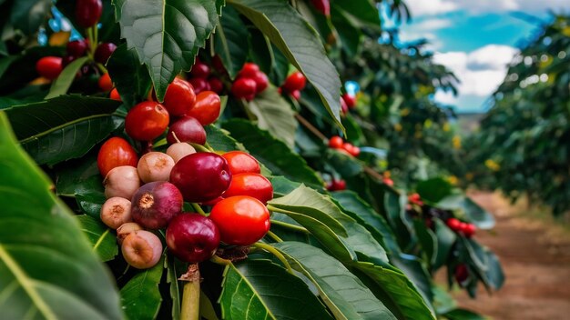 Verse biologische rode koffie kersen rauwe bessen koffiebonen op een koffieboomplantage