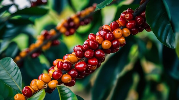 Verse biologische rode koffie kersen rauwe bessen koffiebonen op een koffieboomplantage