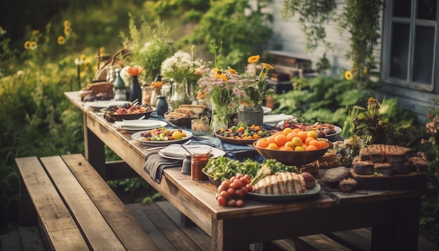 Verse biologische salade op rustieke houten tafel buiten gegenereerd door AI