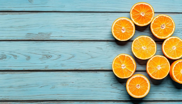 Verse biologische sinaasappels verdelen vruchten op een blauwe houten achtergrond met kopieerruimte