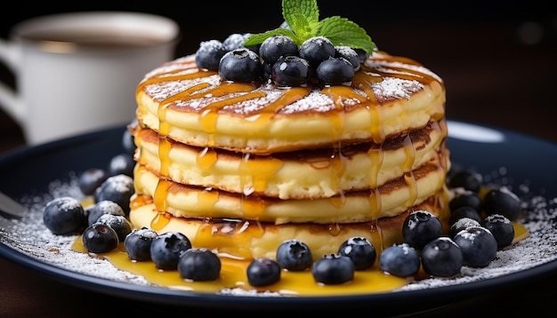 Verse blauwe bessen pannenkoek stapel besprenkeld met honing en bekroond met munt gegenereerd door kunstmatige intelligentie