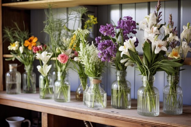 Verse bloemen gerangschikt in vazen in verschillende kamers