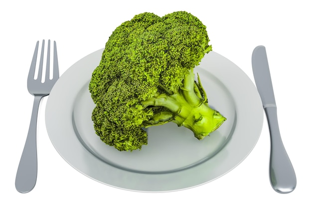 Verse broccolikool op plaat met vork en mes 3D-rendering