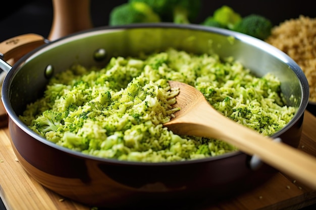 Verse broccolirijst wordt geroerd door een houten lepel