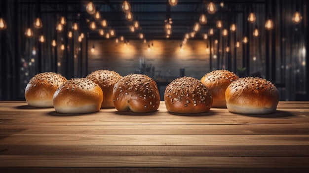 Verse broodjes op een houten tafel in een bakkerij gebakken goederen