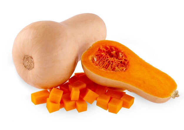 Verse butternut pompoen die op een witte achtergrond wordt geïsoleerd