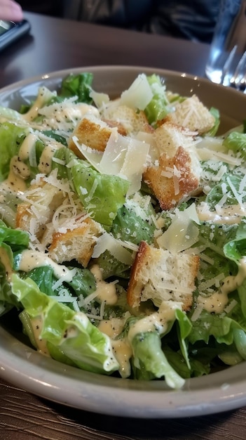 Foto verse caesar salade met knapperige croutons parmesan schaafstukken en romige dressing geserveerd in een rustieke schaal