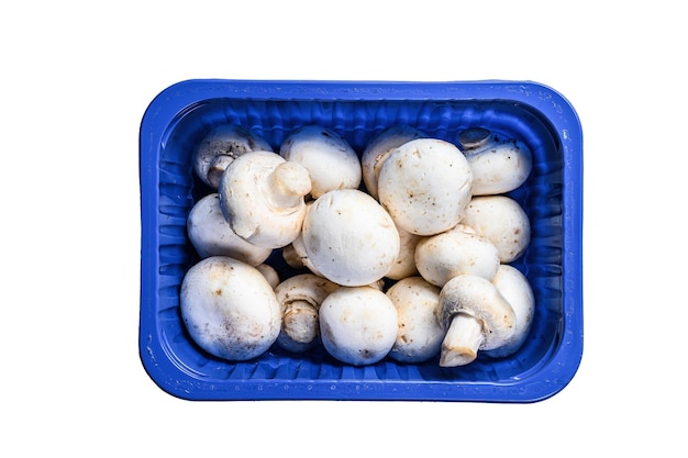 Verse champignons in plastic verpakkingen geïsoleerd op een witte achtergrond