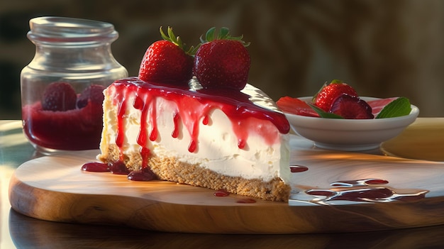 Verse cheesecake met fruitbessen op houten tafel Stuk dessert met karamelsaus Klassiek traditioneel recept AI gegenereerd