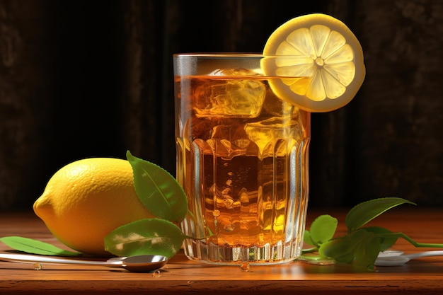 verse citroen ontmoet thee in een lang glas met ijs