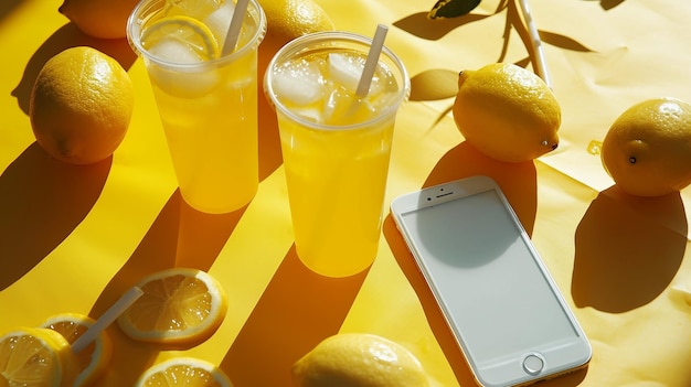 Foto verse citroensap en telefoon scherm