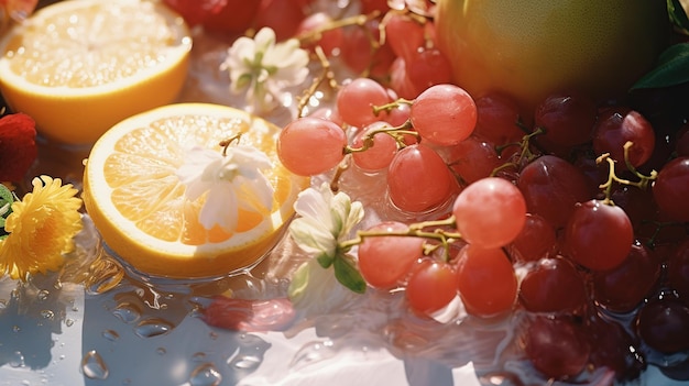 Foto verse citrusvruchten en druiven met waterdruppels