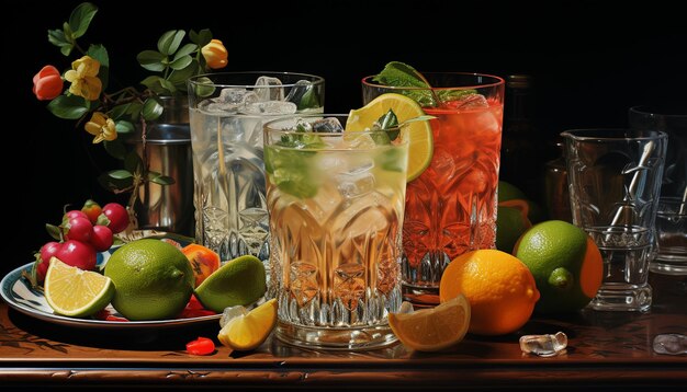 Verse citrusvruchtenschijf in een glas, perfecte zomerverfrissing gegenereerd door kunstmatige intelligentie