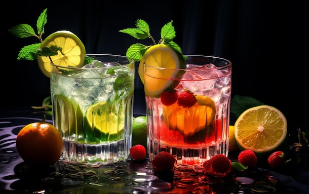 Verse cocktails met ijs, citroen, limoen en fruit.