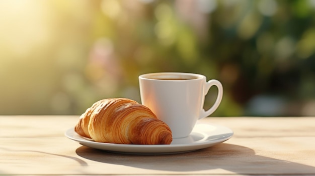 Verse croissant op het bord met een kop koffie bij het ochtendontbijt