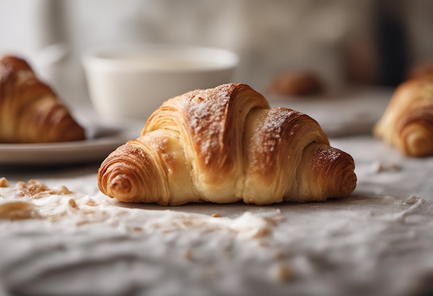 Verse croissants en kopje koffie op houten tafel close-up