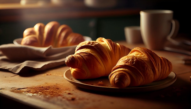 Verse croissants op een bord met een kopje koffie Donkere backgroundgenerative ai