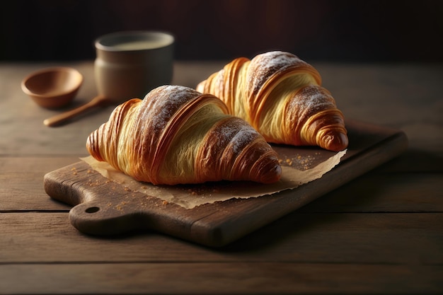 Verse croissants op een houten bord AI-generatie