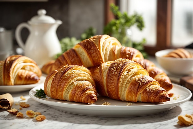 Verse croissants op een witte plaat in de keuken