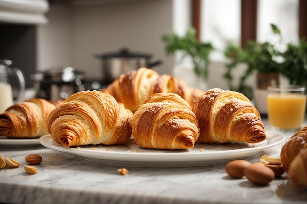 Verse croissants op een witte plaat in de keuken