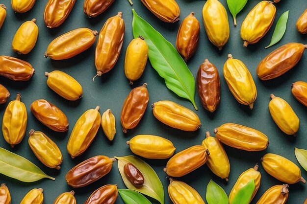 Verse dadels zijn rauw met groene bladeren en een grijze achtergrond